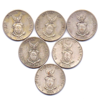 1938 45 USA Philippine 10 Cents Silver Lot of 6 Coins Extra Fine