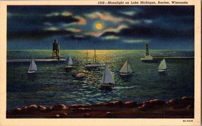 Moonlight on Lake Michigan Racine Wisconsin WI Sailboats in Moonlight Postcard
