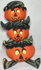 3 Pc Halloween Pumpkin Plush Hand Made Folk Art Jack O Lantern Autumn Fall