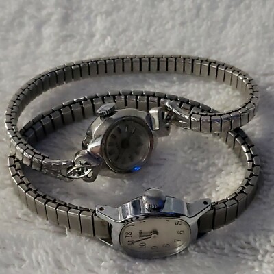 2 Vintage Timex Ladies Watch Silver Tone Stretch Band wind up - Super Cute