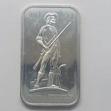 1776 1976 Bicentennial Minuteman 1 Oz Fine Silver Art Bar Gorham Sterling Ltd Ed