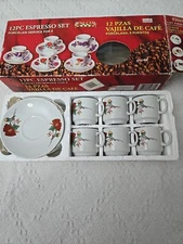Bene Casa 12 pc Porcelain Expresso Set  Saucers And Cups Poppy Theme.  Open Box