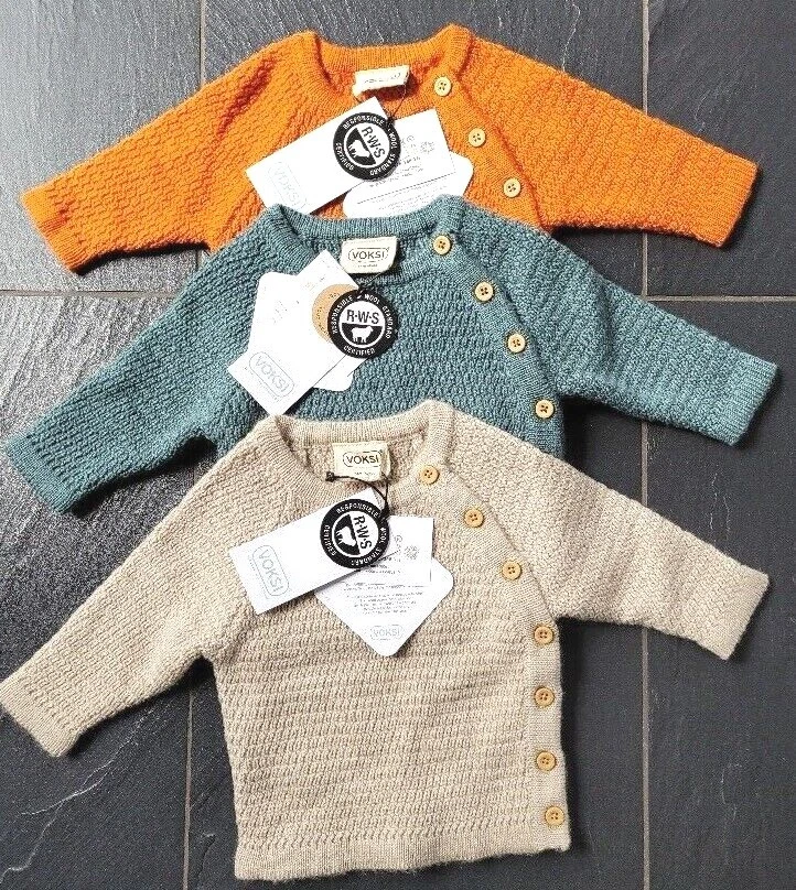 Wabenpullover Merinowolle OEKO-TEX Größen 50 - 80 grün orange sand Marke: Voksi®