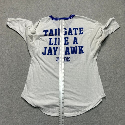 Victorias Secret Pink Kansas Jayhawks Shirt Womens Small White Sequin KU V-Neck - Picture 6 of 7
