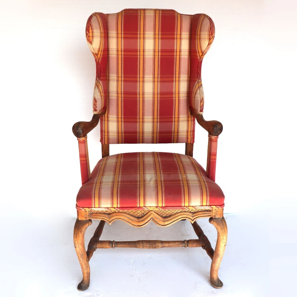 Antique Swedish Gustavian Birch Plaid Upholstered Wingback Armchair c. 1770 - Image 2 of 4