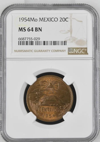 Mexico 20 Centavos 1954 Mo NGC MS 64 BN