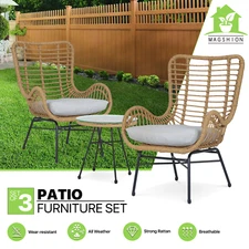 3 Pieces Wicker Furniture Rattan Chairs+Tempered Glass Table Patio Furniture Set