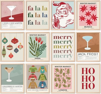 Whaline 12Pcs Christmas Wall Art Prints Santa Cocktail Paper 8 x 10 inch 