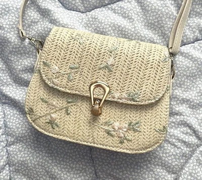 Beige Straw Raffia Floral Embroidered Envelope Crossbody Bag Pink Small Whimsy - Image 1 of 4