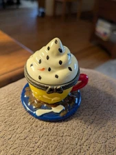 Porcelain Coffee Mocha Latte Cup Trinket Box Hinged, Spoon Inside. Excellent 