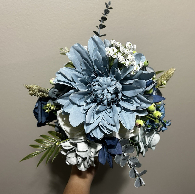 Something Blue Wedding Flower Set– Bridal+6 Bridesmaid Bouquets (Silk, Handmade)