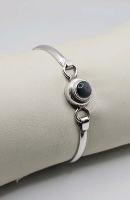 Sterling Silver Vintage Native Mexico Cats Eye Hook Clasp Bangle Bracelet 7''