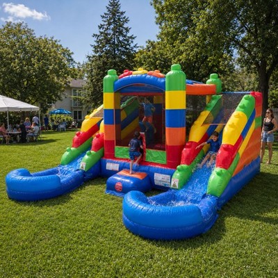Commercial Inflatable Bounce House Block Double Water Slide Combo with Blower