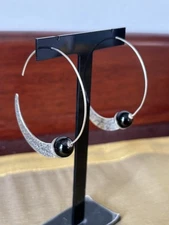 Silpada Sterling Silver Dangle Earring Crescent Moon Design Black Stone.