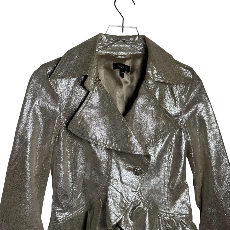 Jaqueta Bebe Feminina Tamanho Pequeno Vintage Y2K Couro Dourado Claro Peplum Bainha de Babado - Imagem 3 de 4