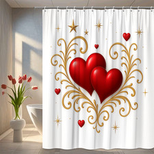 Romantic Red Heart Shower Curtain with Gold Accents