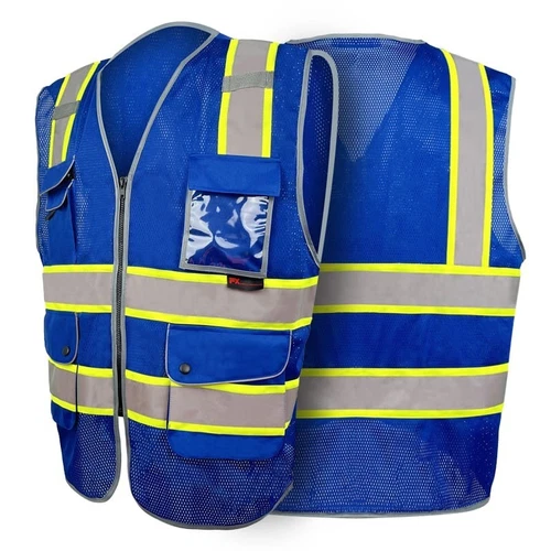 FX Class2 Hi-Vis Reflective Safety Vests with 6 Pockets and Zipper Front Blue . - product listing photo