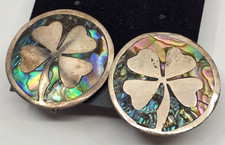 Taxco Mexico Sterling Silver Abalone Inlau 4 Leaf Clover Lucky Screw Back Earrin