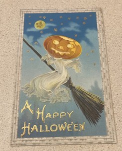 Vintage, Embossed Jack-o-Lantern JOL Ghost On Broom Halloween Postcard