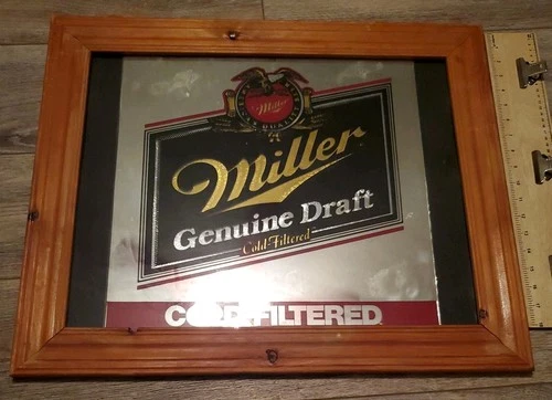 Miller Lite Vintage Beer Mirror Sign Knotty Wood Frame 24x26"