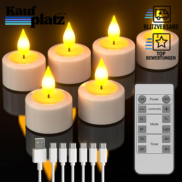 LED Teelichter Wiederaufladbar Mit Fernbedienung & Timer 6Er Set Deko Licht-image