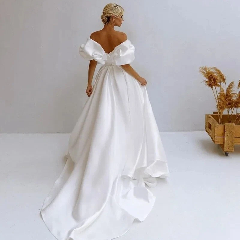 Пузырьковый рукав след шикарный свадебное платье невесты белый атлас открытый газон свадьбы - Изображение 2 из 4