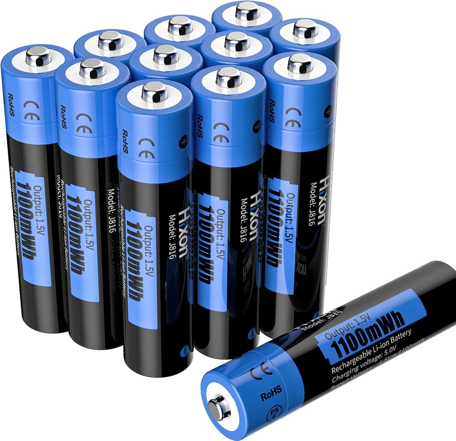 Hixon 1.5V Rechargeable Lithium AAA Batteries, 12x1100mWh High-Capacity