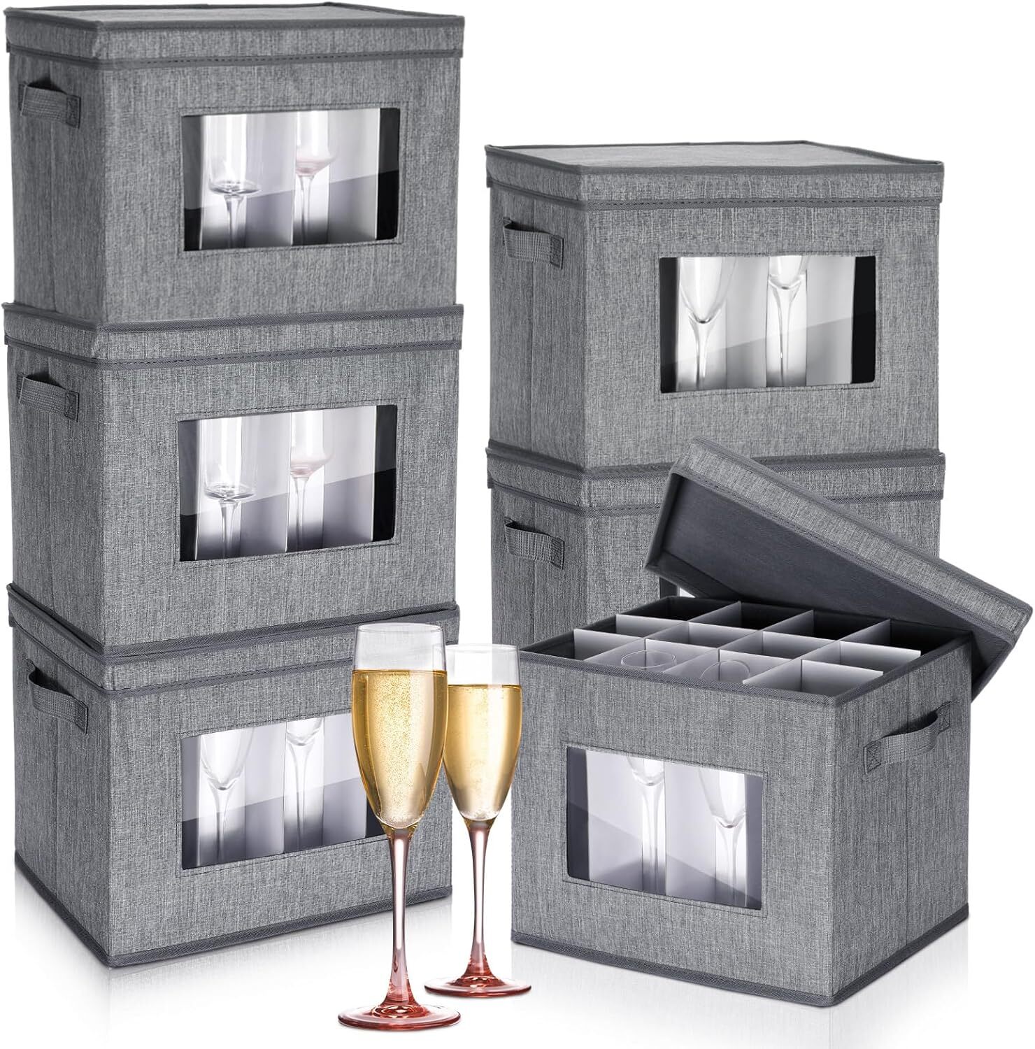 6 Pack Wine Glass Storage Box with 12 Dividers Stemware Holder