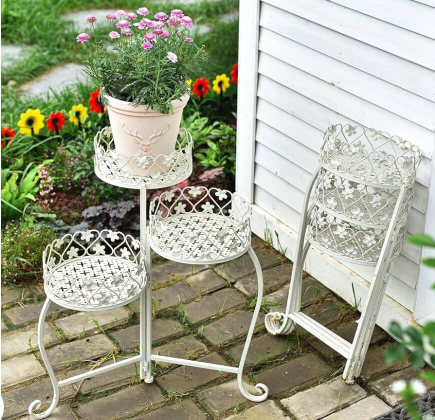 Antique-like Shabby Chic White 3-tier Plant Stand 23” Tall Folding