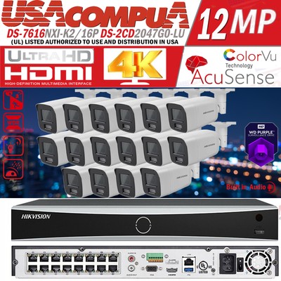Hikvision 12MP 16CH IP Camera System DS-2CD2047G2-LU 4MP Full Color MIC IP  Lot