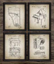 Piano Patent Prints Set of 4, Vintage Style Wall Art