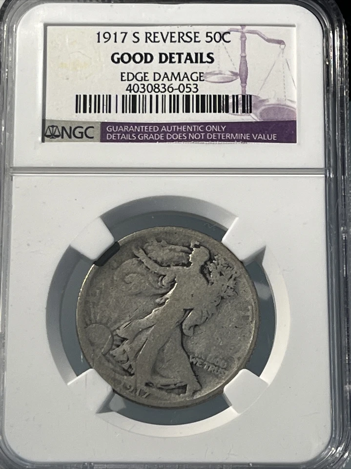 1917 S 50C REVERSE NGC GOOD DETAILS EDGE DAMAGE WALKING LIBERTY HALF DOLLAR - Image 2 of 4