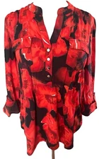 COCOMO XL Orange Red Black 3/4 sleeve  women's Pintuck Blouse Tunic shirt