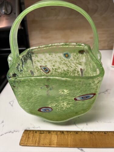 Murano? Style Hand Blown Art Glass  Basket Green Swirls - Afbeelding 1 van 7