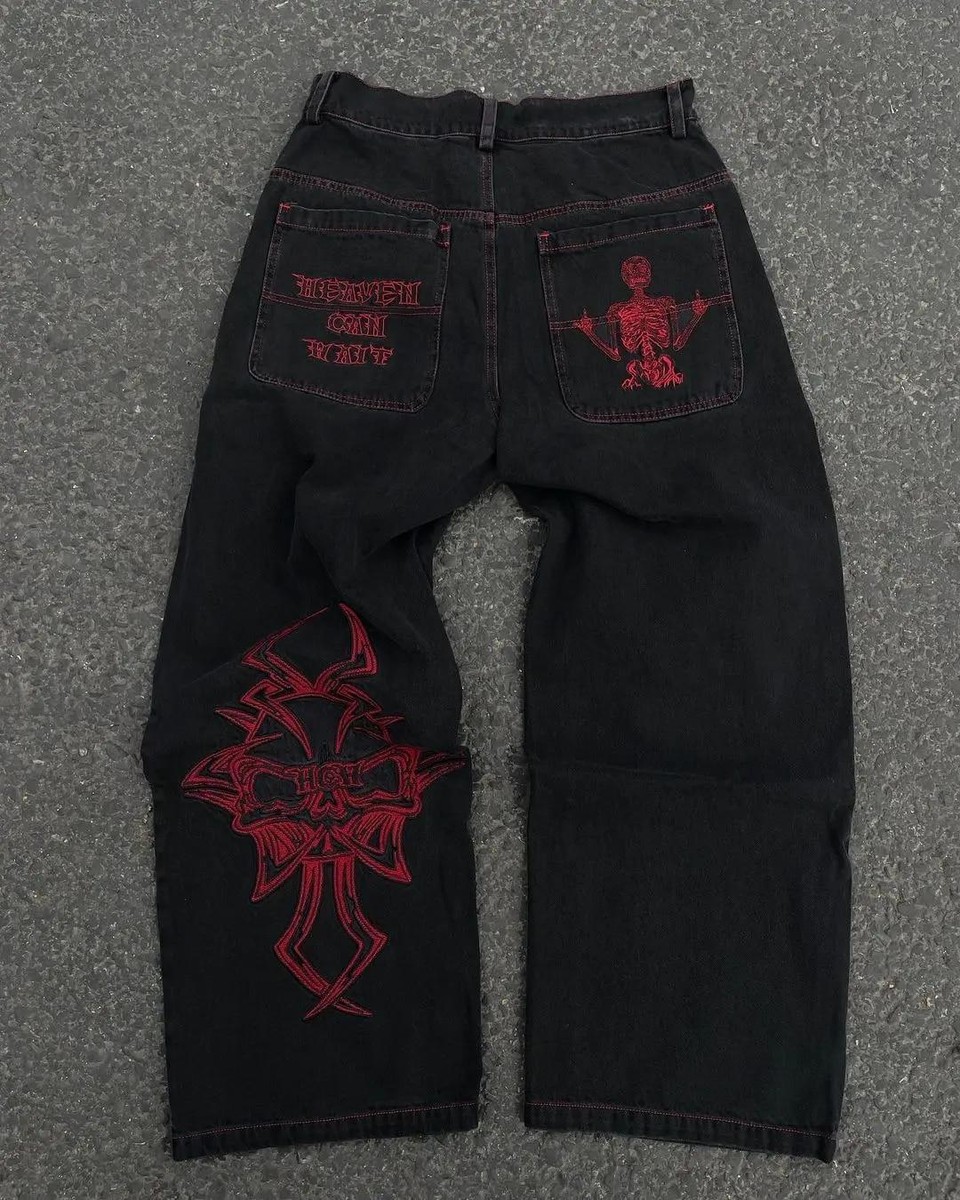 Y2k Jeans Mens Hip Hop Retro Skull Embroidery Washed Baggy Y2k Jeans Mens Hip Hop Retro Skull Embroidery Washed Baggy