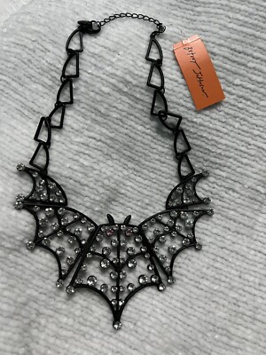 Betsey Johnson Bat Bling Statement Necklace Black Choker Rhinestones  Halloween