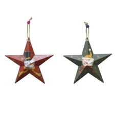 Metal 3d Star Barn Christmas Tree Ornaments  Wall Decor Hand-Painted Snowman S/2