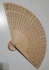 Lot  6 Vtg Pierced Wood Hand Fan NIP Natural Boho Wedding Party Favors Decor NOS