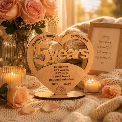 Geschenk zum 5. Geburtstag Hochzeit PERSONALISIERT Ehemann Frau Gravur 5 Jahre Holz