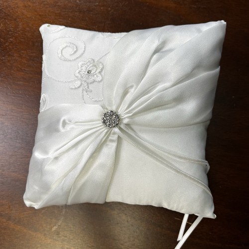 Wedding Ring Bearer Pillow White 7x7 Embroidered Rose Flower Bow