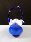 Fenton Undecorated Blue Overlay Cased Glass Basket w/ Blue & White Spiral Handle