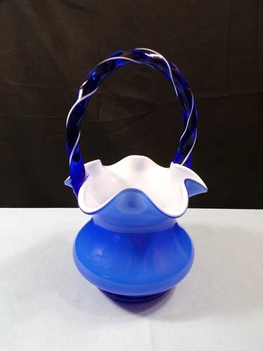 Fenton Undecorated Blue Overlay Cased Glass Basket w/ Blue & White Spiral Handle