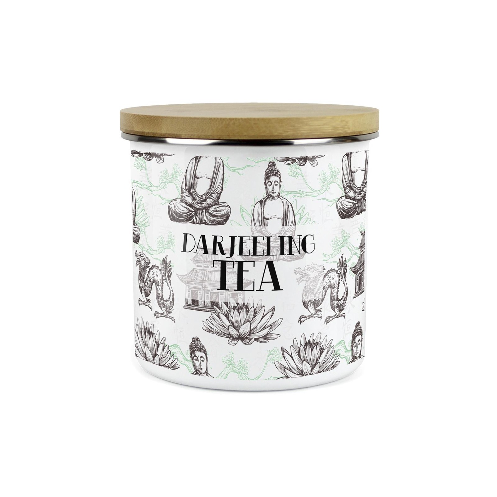 Darjeeling Tea Storage Canister - Oriental Scene Enamel Kitchen Storage Jar