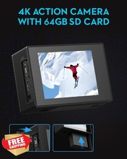 4K Action Camera 64G SD Waterproof 131ft WiFi 2 Batteries