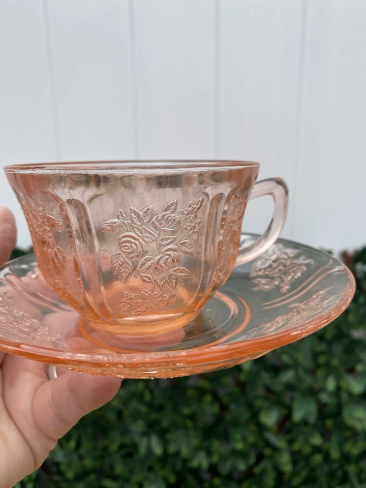 Vtg Federal Pink Sharon Cabbage Rose Cup And Saucer Set Of 8 Depression Glass - image 2 of 4