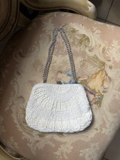 Vintage White beaded evening purse with metal frame and chain handle