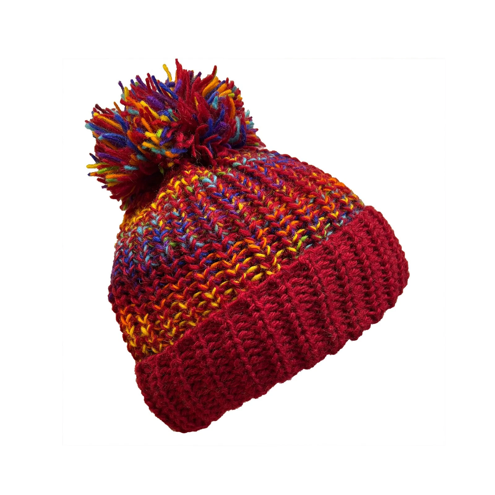 Gorgeous Rainbow and Red Knitted Bobble Hat with Soft Fleece Lining, One Size