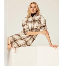 Polo Ralph Lauren Plaid Fringed Shirt Dress Cream Brown Size 2 Cotton NEW