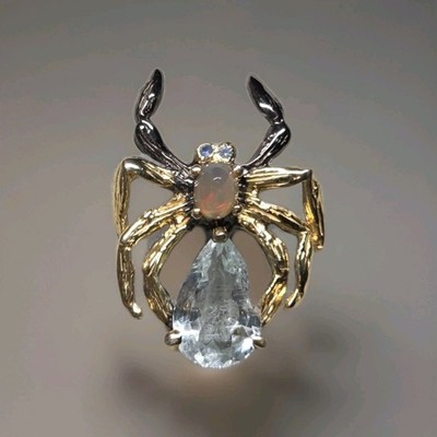 Großer natürlicher Aquamarin & Opal Spinne 925 Sterling Silber schwarz Anhänger 