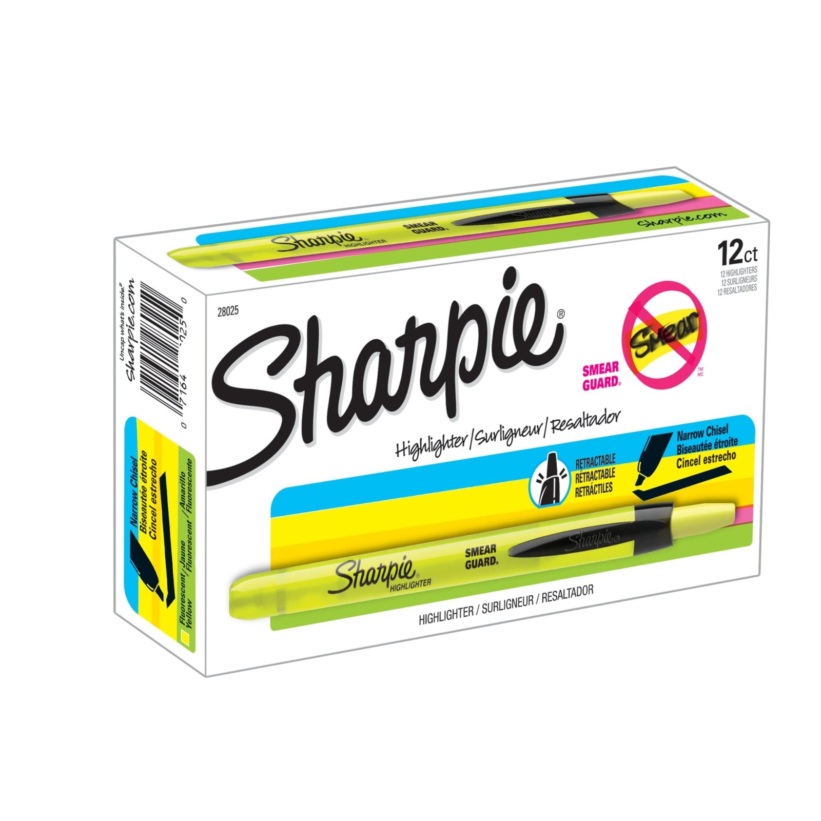 Retractable Highlighters, Chisel Tip, Fluorescent Yellow, 12